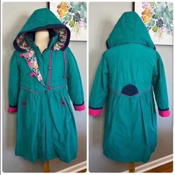 Vintage 80s Rothschild Coat Girls 12 Womens S/M Turquoise Floral Puffer Jacket - Picture 2 of 9